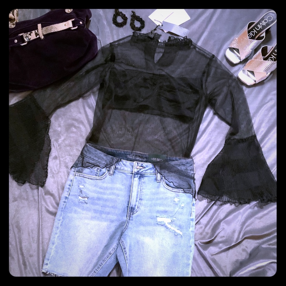 DOTTED SHEER BELL SLEEVE TOP